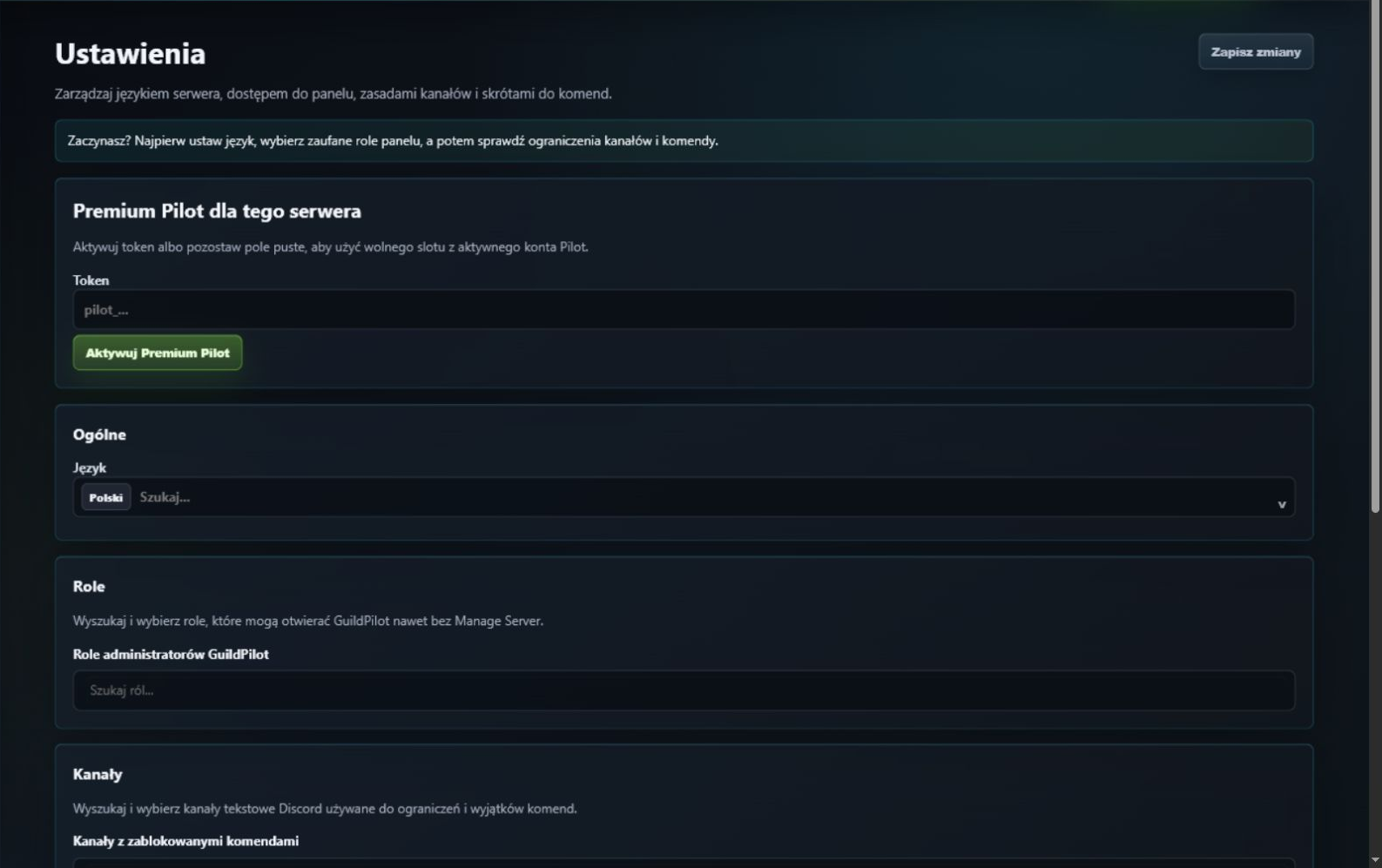 Ustawienia GuildPilot z aktywacją Premium Pilot i ustawieniami ogólnymi