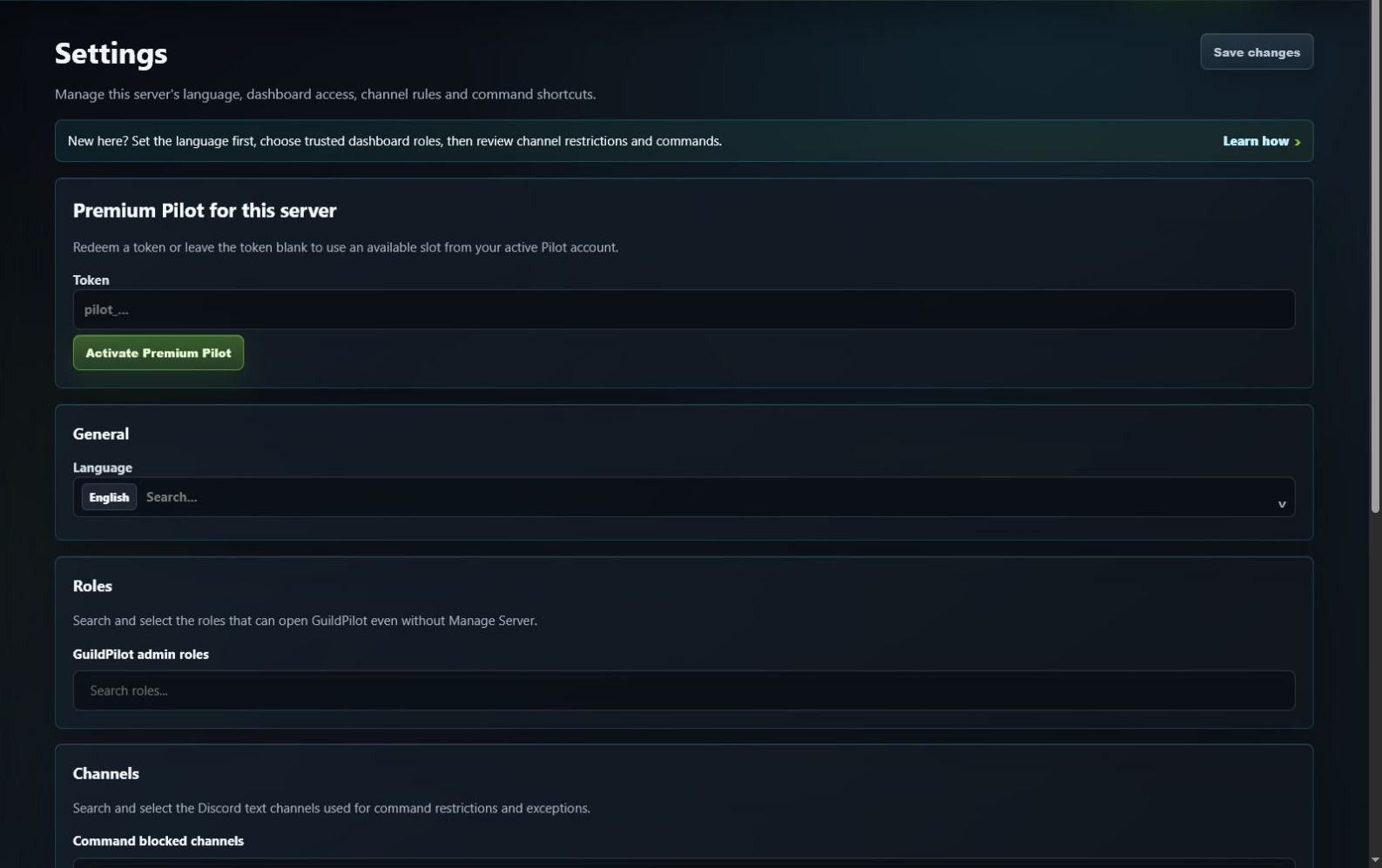 GuildPilot server settings showing Premium Pilot activation and general settings