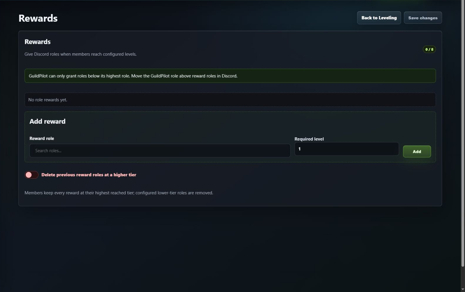 GuildPilot Leveling rewards editor with role hierarchy guidance
