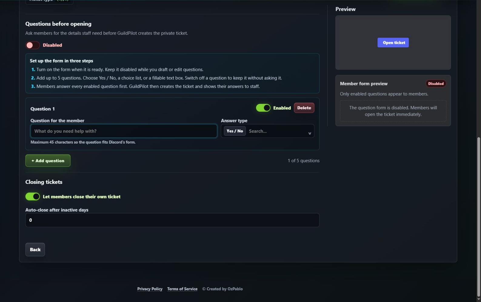 GuildPilot ticket intake editor showing a first enabled question and member preview