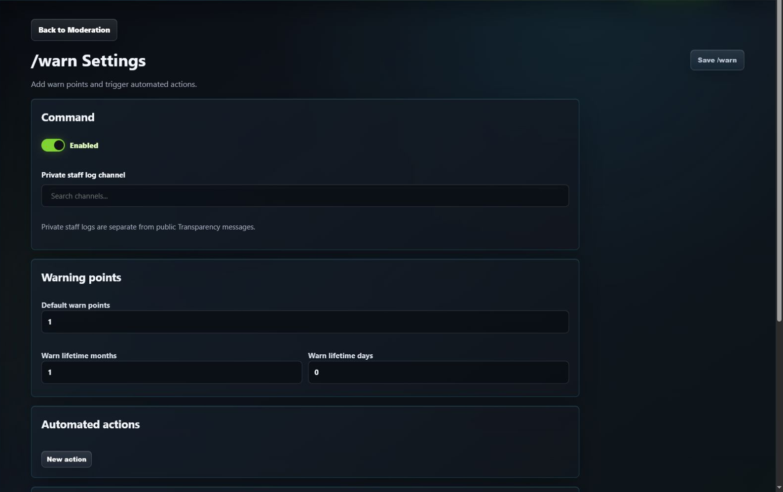 GuildPilot warning action editor with points, action, and duration controls