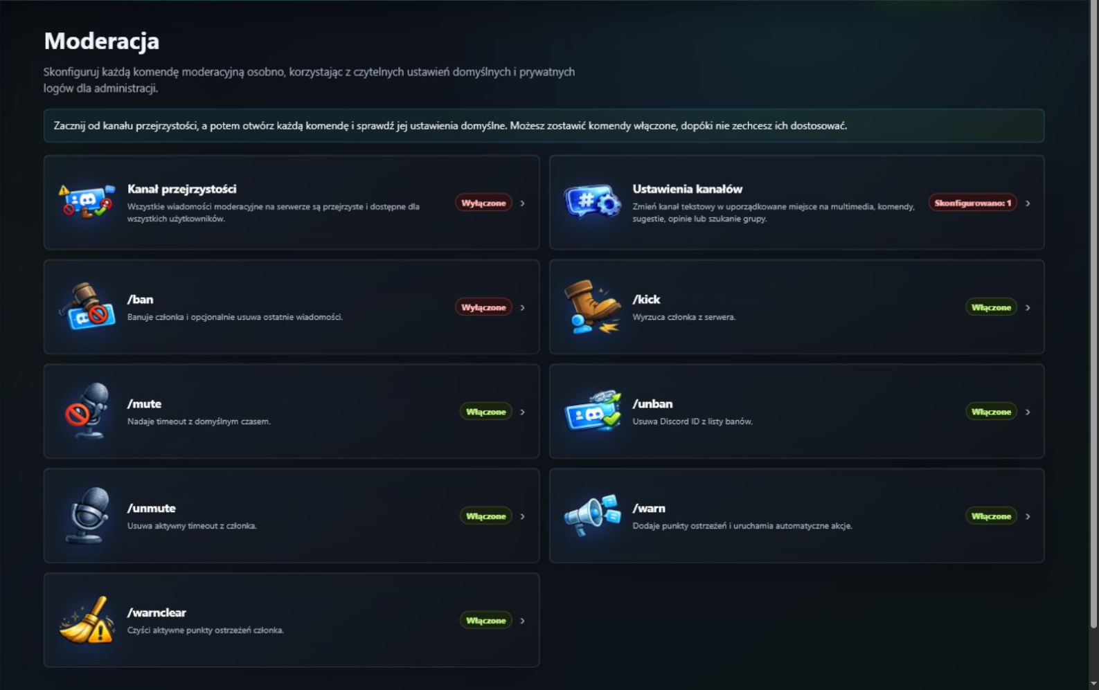 Polskie centrum Moderacji ze stanem i kartami konfiguracji komend