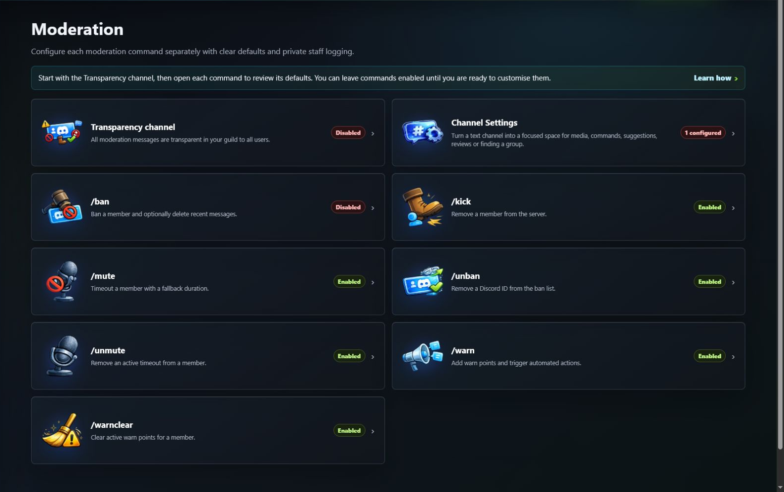GuildPilot Moderation hub showing command status and configuration cards