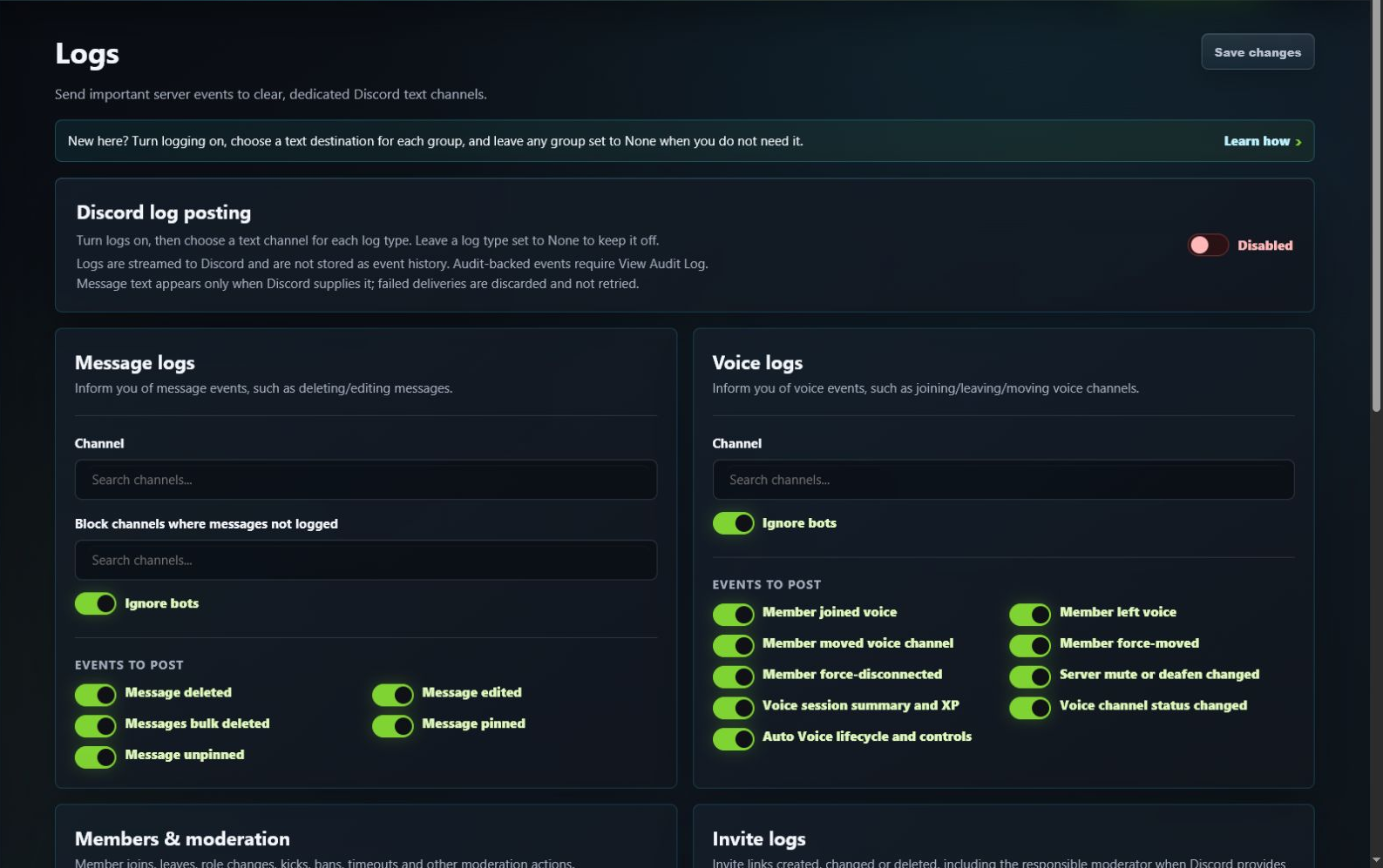 GuildPilot Logs page with Discord delivery switch and message and voice destinations