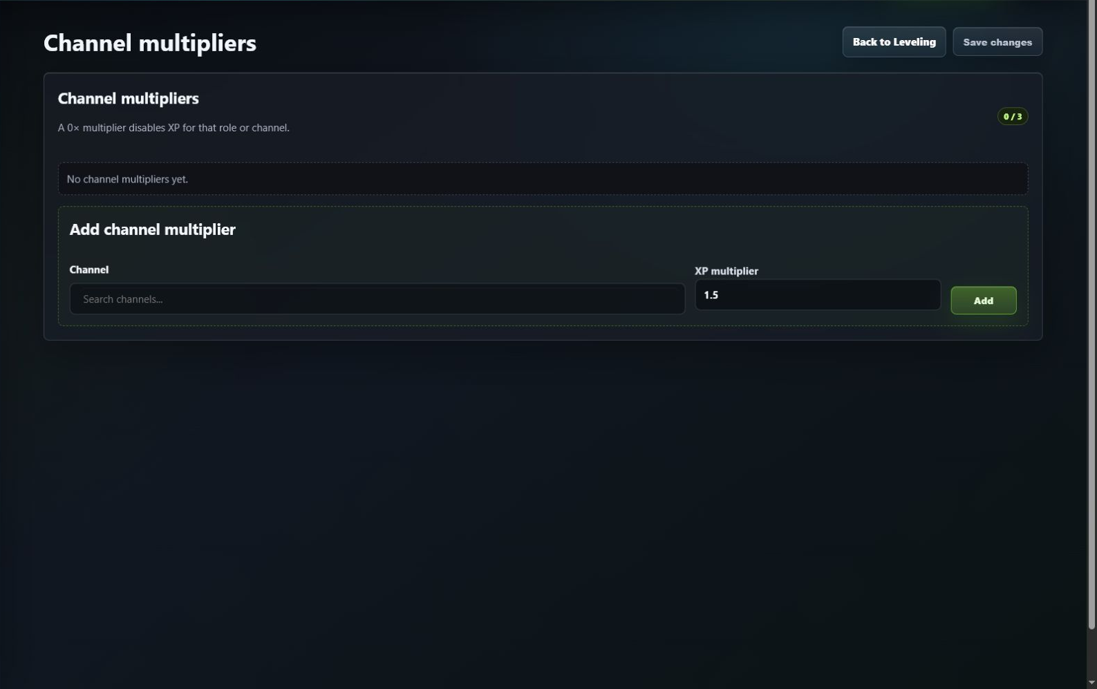 GuildPilot channel multiplier editor with channel and XP multiplier fields