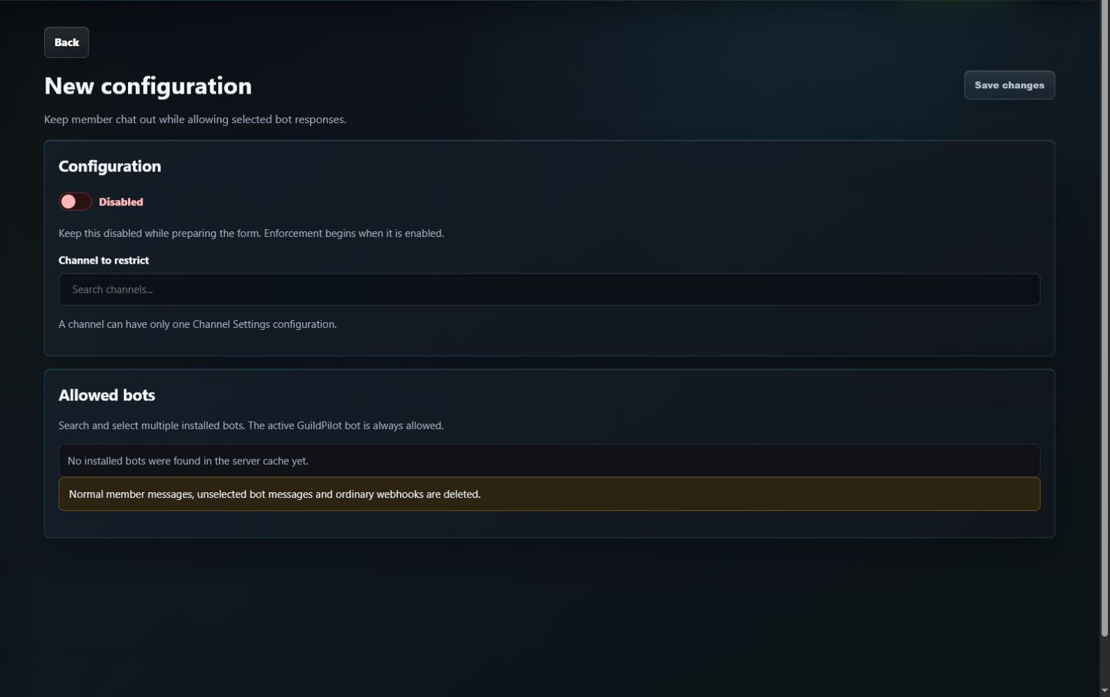 GuildPilot command-only channel editor with allowed bot controls