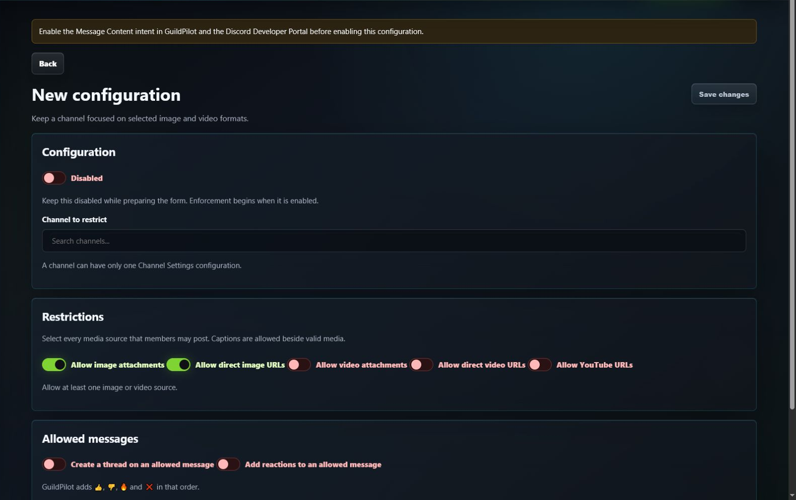 GuildPilot media-only channel editor with media source restrictions