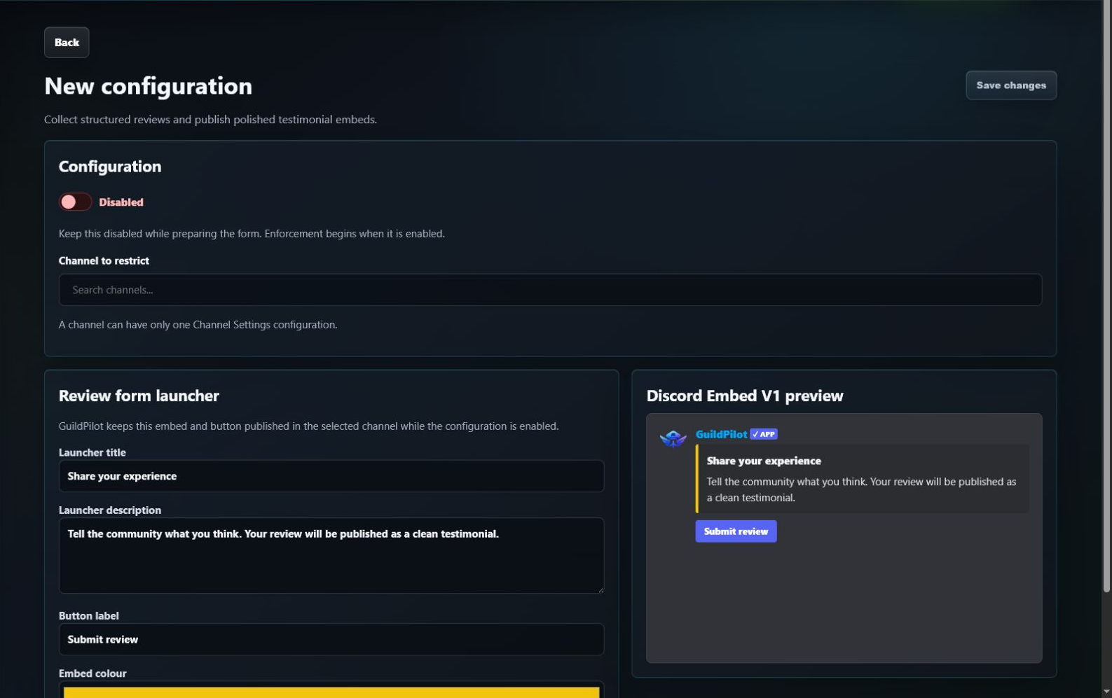 GuildPilot reviews channel editor with launcher and Discord embed preview