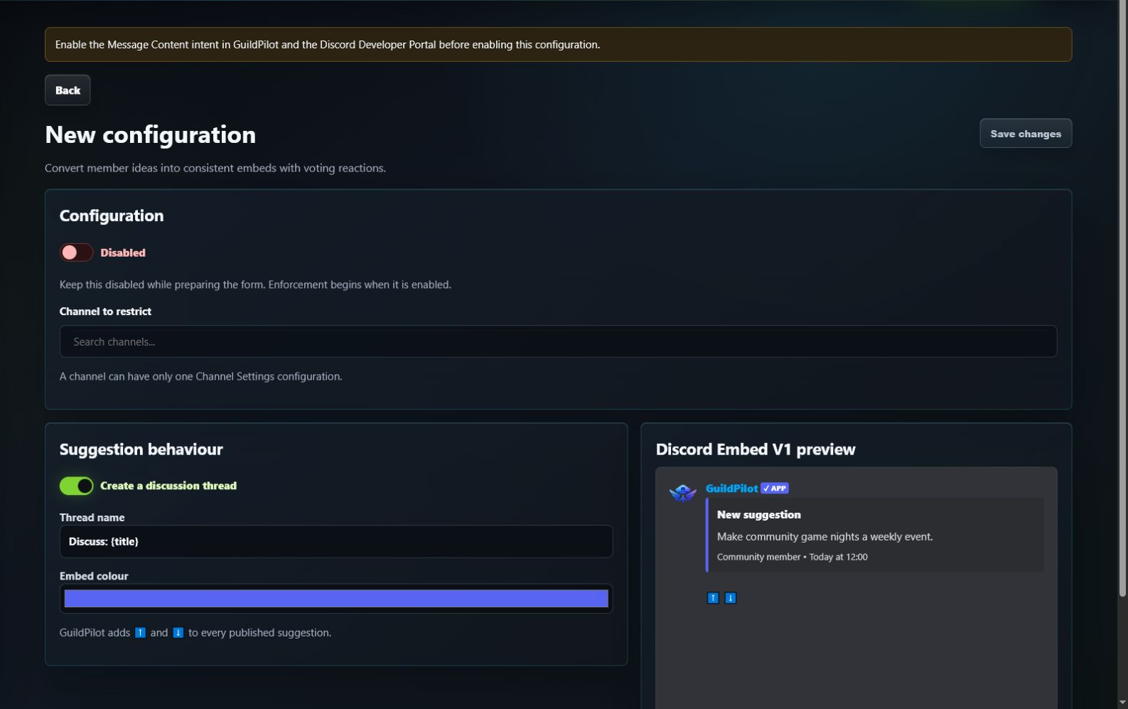 GuildPilot suggestions channel editor with discussion and embed preview controls