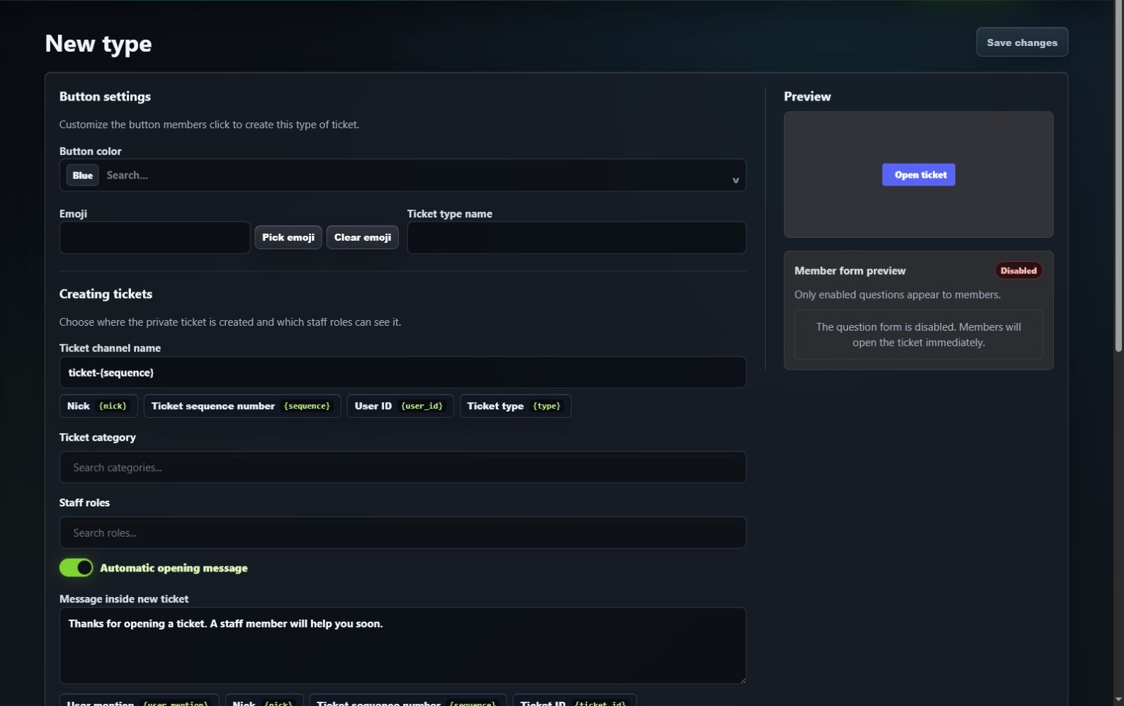 GuildPilot ticket type editor with button, category, and staff role controls