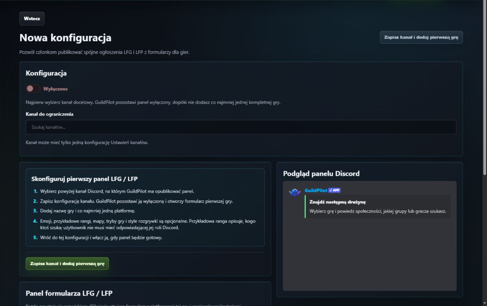 Polski edytor LFG z listą pierwszej konfiguracji i podglądem Discorda