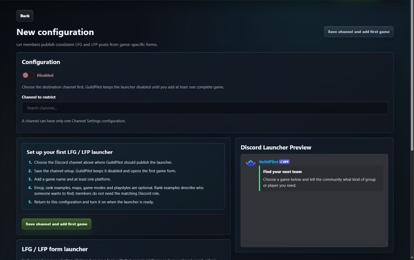 GuildPilot LFG channel editor with first-launcher checklist and Discord preview