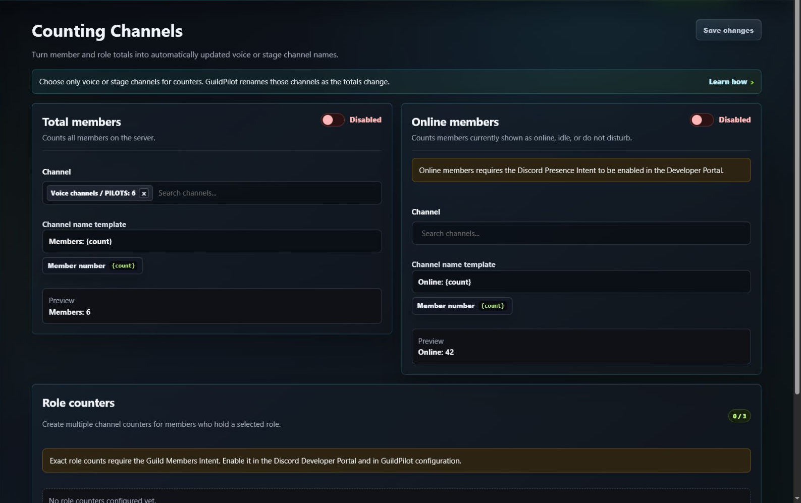 GuildPilot Counting Channels editor with member counter settings