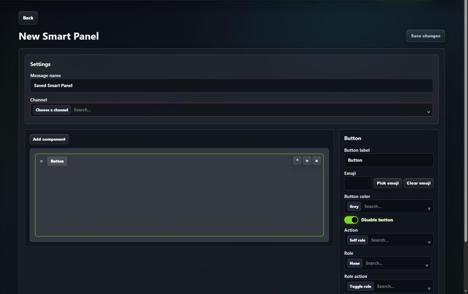 GuildPilot Smart Panel button editor with the Self role action selected