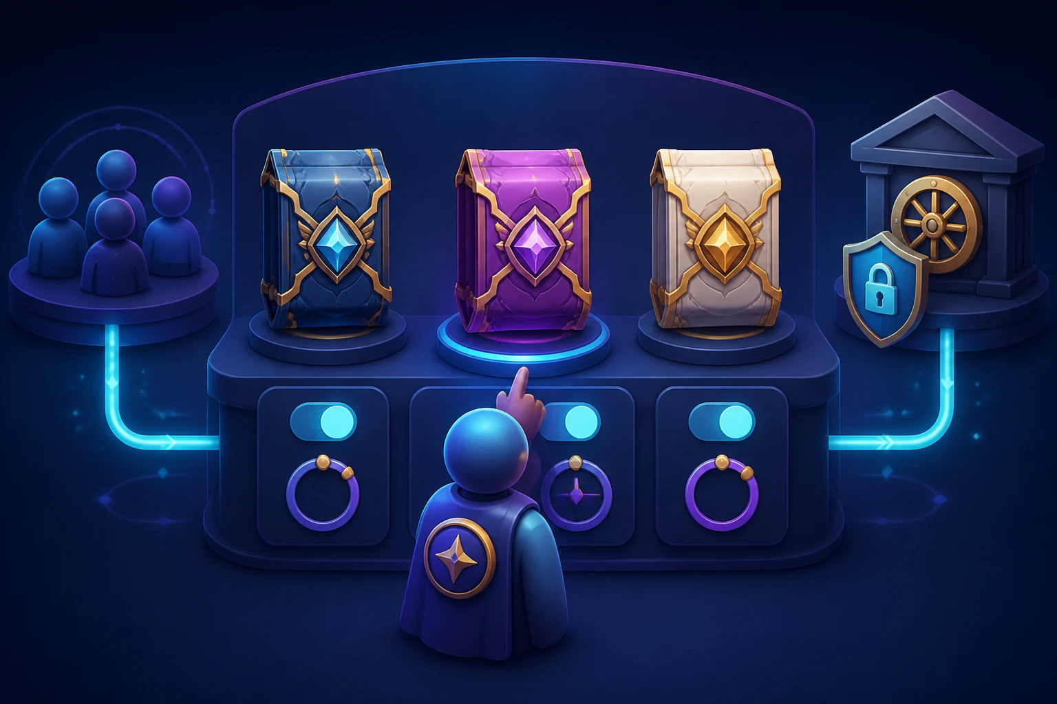 Illustrated GuildPilot administrator selecting collectible packs for a server shop
