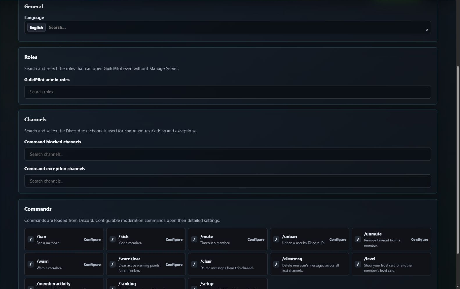 GuildPilot server settings showing dashboard roles and channel controls