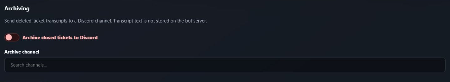 GuildPilot ticket archiving controls with Discord archive channel selector
