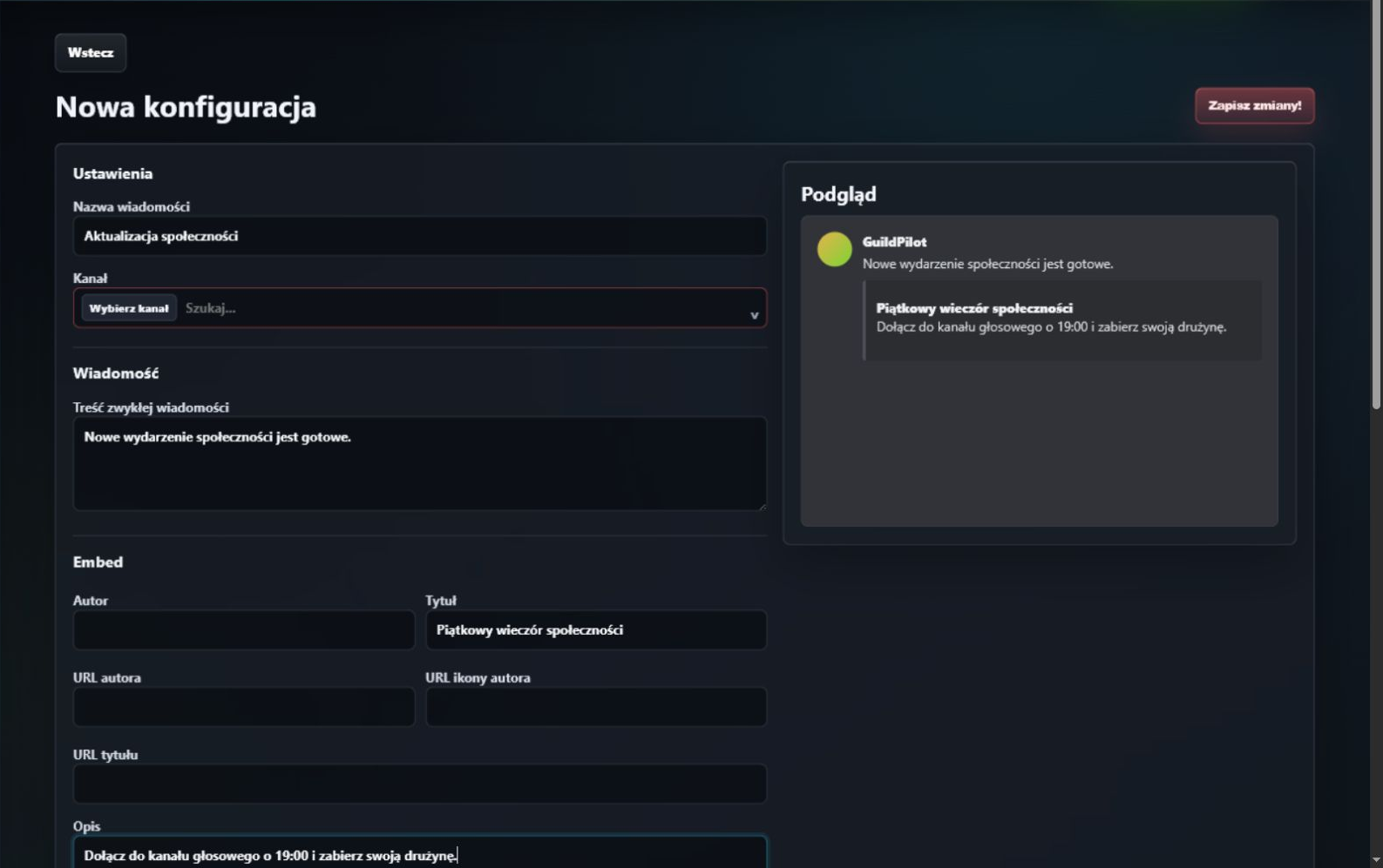Polski kreator embeda GuildPilot z polami wiadomości i podglądem Discorda