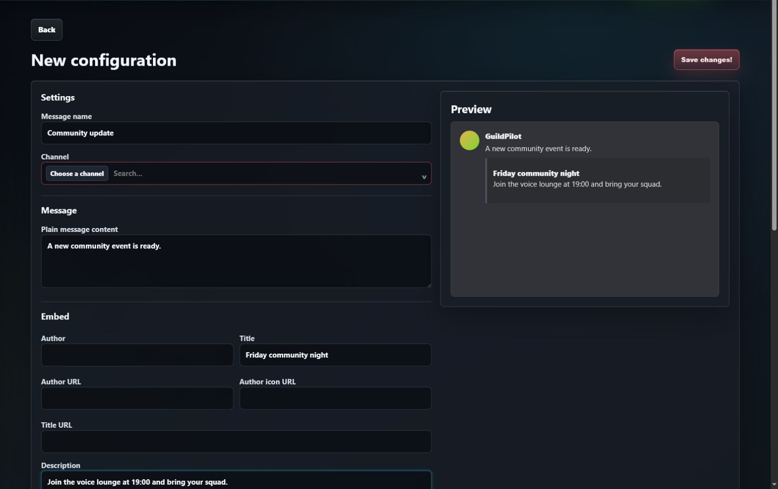 GuildPilot embed builder with message fields and Discord preview