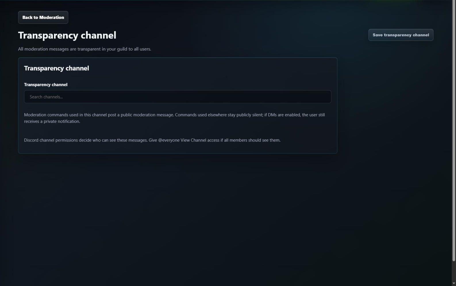 GuildPilot Transparency channel editor with an empty Discord channel selector