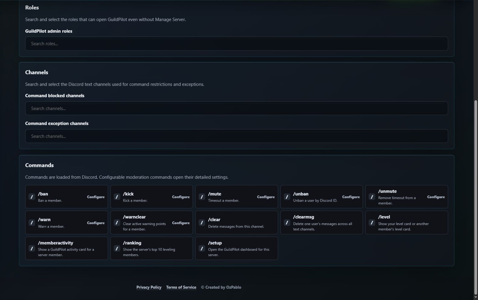 GuildPilot server settings showing blocked and exception channel selectors