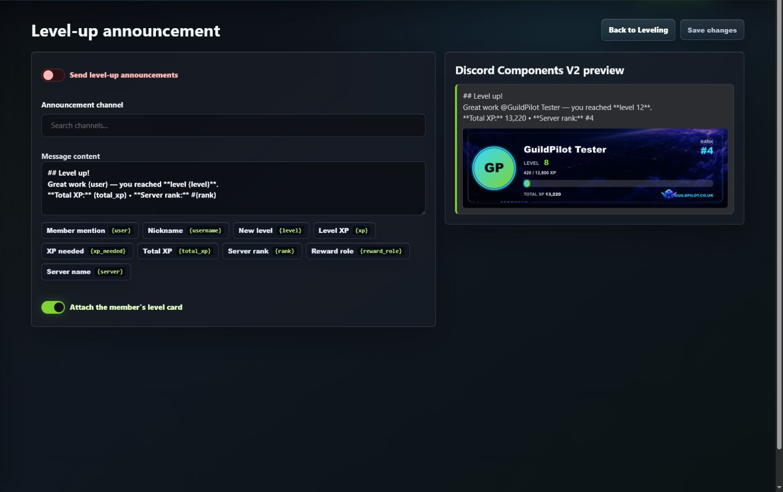 GuildPilot level-up announcement editor with tokens and live Discord preview