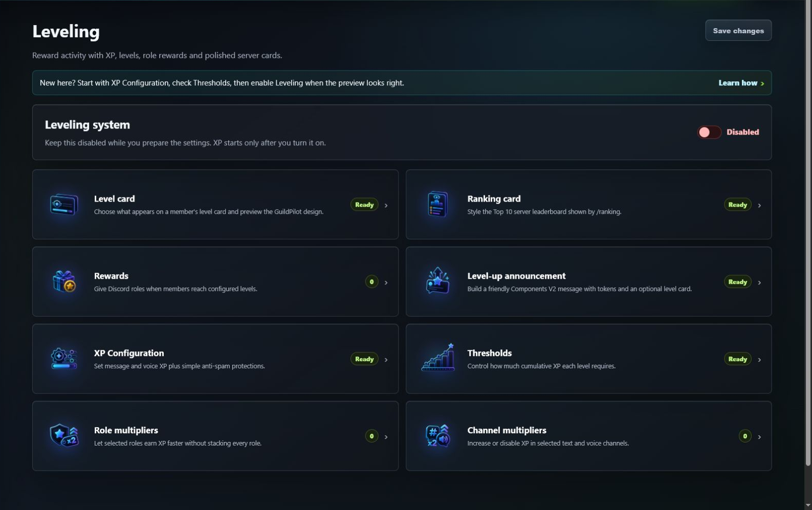 GuildPilot Leveling hub listing cards, rewards, XP, and announcement settings