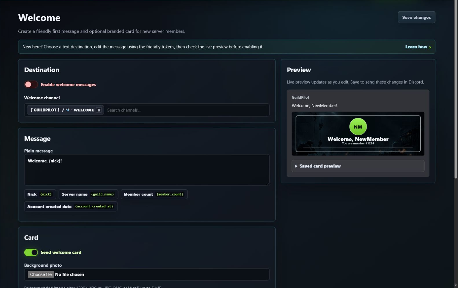 GuildPilot Welcome editor with destination, message settings, and live preview
