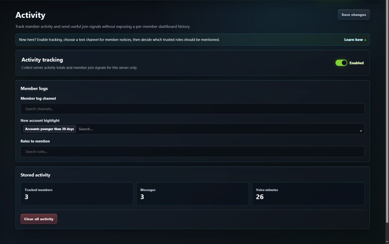 GuildPilot Activity page showing tracking controls and aggregate activity totals