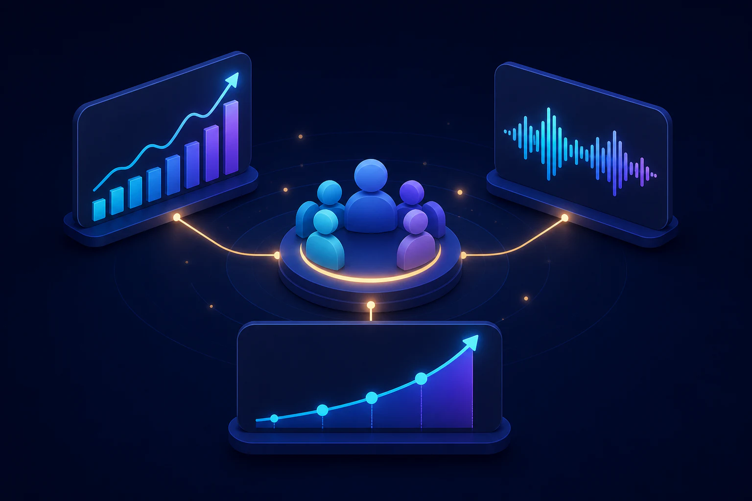 Illustrated GuildPilot statistics charts for messages, voice activity and member growth